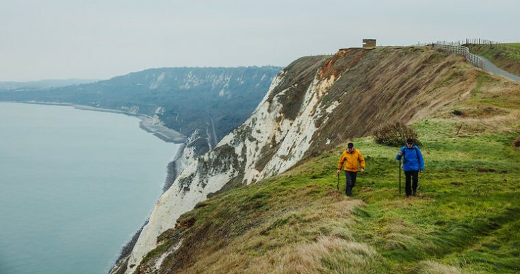 Two walkers on the White Cliffs path between Dover and Folkestone