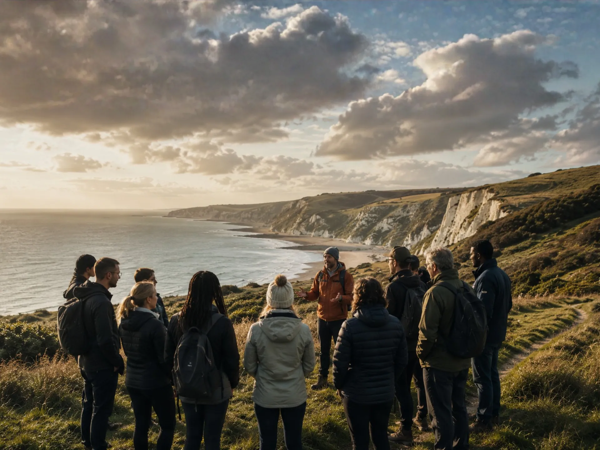A small group on the White Cliffs at golden hour, their coach facing them, the coastline between Dover and Folkestone behind