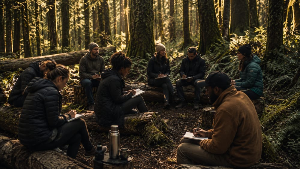 A coaching group journaling together in a sunlit forest clearing