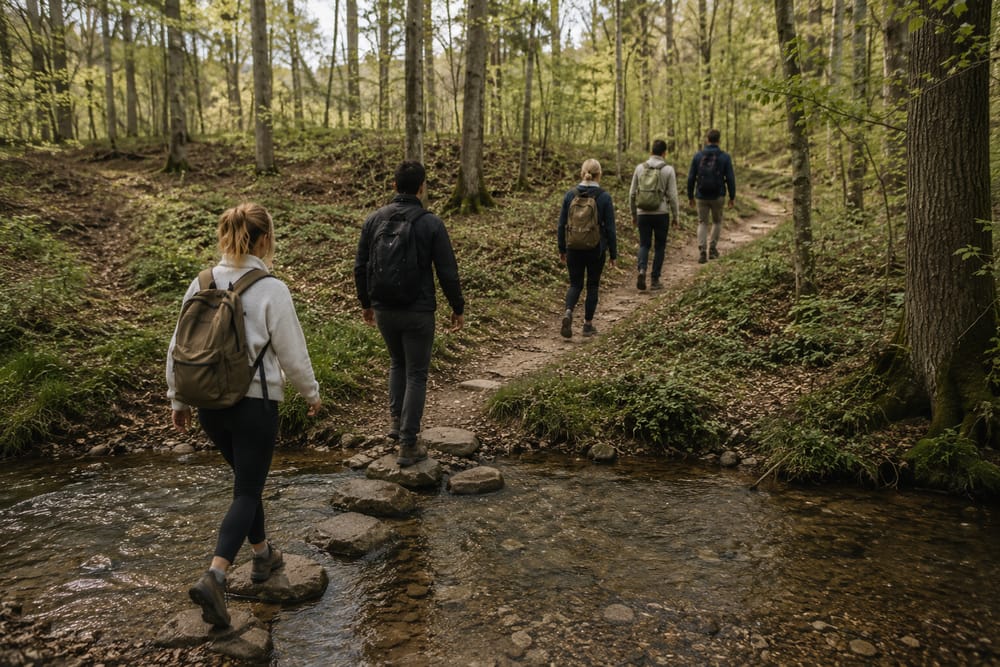 A small group hiking a woodland trail and crossing a stream